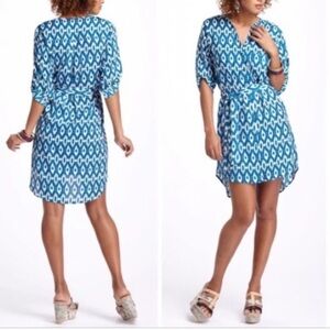 Maeve | by Anthropologie Womens Blue 3/4 Sleeve Ikat Shirt Dress Size Small